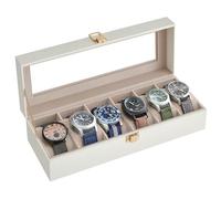 SONGMICS Caja de Relojes con 6 Compartimentos, Estuche de Relojes con Tapa de Cristal, Cojín Extraíble, Cierre Metálico, Regalo, Cuero Sintético Blanco Nube y Forro Beige Capuchino JWB006W01