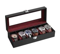 SONGMICS Caja de Relojes con 6 Compartimentos, Navidad, Estuche de Relojes con Tapa de Cristal, Cojín Extraíble, Cierre Metálico, Regalo, Cuero Sintético Negro y Forro Rojo Vino JWB006R01