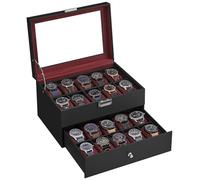 SONGMICS Caja de Relojes, Estuche de Relojes con Tapa de Cristal de 2 Niveles, con Cerradura, 1 Cajón, para Anillos, Pulseras, Regalo Ideal, Cuero Sintético Negro y Forro Rojo Vino JWB020R01