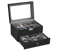 SONGMICS Caja de Relojes, Estuche de Relojes con Tapa de Cristal de 2 Niveles, con Cerradura, 1 Cajón, para Anillos, Pulseras, Regalo Ideal, Cuero Sintético Negro y Forro Gris JWB020