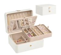 SONGMICS Caja Joyero con Espejo, 2 Niveles, 17,6 x 22 x 11 cm | Organizador para Pendientes y Collares, Bandeja Extraíble, Idea de Regalo, Blanco Nube, Colección GISELLA JBC200W01