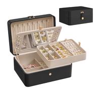 SONGMICS Caja Joyero con Espejo, 2 Niveles, 22 x 17,6 x 11 cm | Organizador para Pendientes y Collares, Bandeja Extraíble, Idea de Regalo, Negro y Beige, Colección GISELLA JBC200B01