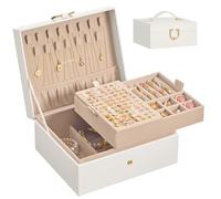 SONGMICS Caja Joyero de 2 Niveles con Bandeja Extraíble, 17 x 20,5 x 9,5 cm | Organizador de Joyas con Asa, para Collares, Pendientes y Anillos, para Regalo, Blanco Crema, Colección GREETA JBC208WD01