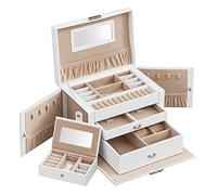 SONGMICS Caja Joyero de 3 Niveles, Caja para Joyas con 2 Cajones, con Mini Caja Portátil para Viajar, con Asa, Cerradura, para Joyas, Idea de Regalo, PU Blanco Nube, Forro Beige Arena JBC121W