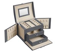 SONGMICS Caja Joyero de 3 Niveles, Caja para Joyas con Asa, 2 Cajones, Espejo, Cerradura, para Viajar, Estilo Moderno, Regalo para Seres Queridos, Gris Pizarra JBC154G01