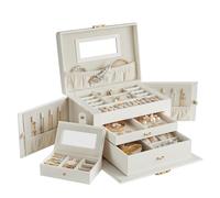 SONGMICS Caja Joyero de 3 Niveles, con 2 Cajones, Asa, Cerradura | Mini Caja Portátil para Viajar, PU nube blanca, Forro Beige, Colección BRIDIE, JBC121W02