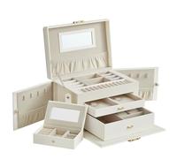 SONGMICS Caja Joyero de 3 Niveles, para Joyas con 2 Cajones, Portátil para Viajar, con Asa, Cerradura, Idea de Regalo, PU Blanco Nube, Forro Blanco Crema JBC121W02