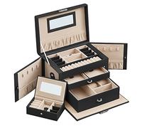 SONGMICS Caja Joyero de 3 Niveles, para Joyas con 2 Cajones, Portátil para Viajar, con Asa, Cerradura, Idea de Regalo, PU Negro Tinta, Forro Beige Arena JBC121B