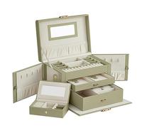 SONGMICS Caja Joyero de 3 Niveles, para Joyas con 2 Cajones, Portátil para Viajar, con Asa, Cerradura, Idea de Regalo, PU Verde Laurel, Forro Blanco Crema JBC121C02