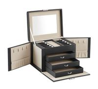 SONGMICS Caja Joyero de 4 Niveles, Caja para Joyas con Asa, 3 Cajones, Espejo, Cerradura, para Viajar, Regalo, Superficie Negro Tinta y Forro Beige Arena JBC159B01