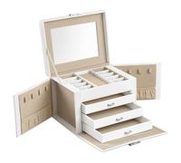 SONGMICS Caja Joyero de 4 Niveles, Navidad, Caja para Joyas con Asa, 3 Cajones, Espejo, Cerradura, para Viajar, Regalo, Superficie Blanco Nube y Forro Beige Arena JBC159W01