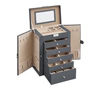 SONGMICS Caja Joyero de 6 Niveles, Caja para Joyas con 5 Cajones, Gran Espacio, Interior con Espejo, Cerradura, Almacenaje de Joyas, Regalo para Seres Queridos, para Relojes, Gris JBC152G01