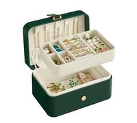 SONGMICS Caja Joyero de Viaje, Caja de Joyas Pequeña, 2 Niveles, Joyero Portátil, para Accesorios Grandes, 11,6 x 16 x 7,5 cm, Idea de Regalo, Verde Bosque JBC166C01