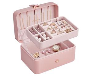 SONGMICS Caja Joyero de Viaje, Caja de Joyas Pequeña, 2 Niveles, Joyero Portátil, para Accesorios Grandes, 11 x 16 x 8 cm, Idea de Regalo, Rosa Jalea JBC166R01