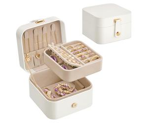 SONGMICS Caja Joyero de Viaje, Caja de Joyas Pequeña, 2 Niveles, Joyero Portátil, para Accesorios Grandes, 11,2 x 11,8 x 7,2 cm, Idea de Regalo, Blanco Nube JBC185W03