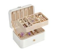 SONGMICS Caja Joyero de Viaje, Navidad, Caja de Joyas Pequeña, 2 Niveles, Joyero Portátil, para Accesorios Grandes, 11 x 16 x 8 cm, Idea de Regalo, Blanco Nube JBC166W01
