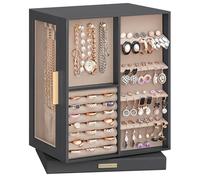 SONGMICS Caja Joyero Giratorio 360°, Caja de Joyas con 5 Cajones, Ventanas Laterales de Cristal, Gran Capacidad, Almacenamiento Vertical, Diseño Abierto, Idea de Regalo, Gris Pizarra JBC170G01