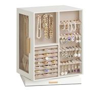 SONGMICS Caja Joyero Giratorio 360°, Navidad, Caja de Joyas con 5 Cajones, Ventanas Laterales de Cristal, Gran Capacidad, Almacenamiento Vertical, Diseño Abierto, Idea de Regalo, Blanco Nube JBC170W01