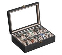 Songmics Caja para relojes con 10 compartimentos, madera maciza con tapa de cristal, cojín para relojes, regalo para un ser querido, ébano negro JOW100B01