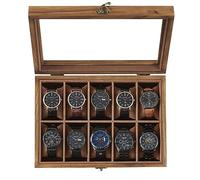 SONGMICS Caja para Relojes con 10 Compartimentos, Madera Maciza, con Tapa de Cristal, Cojín, Regalo para Queridos, Nogal Rústico JOW100K01