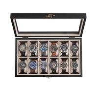 SONGMICS Caja para Relojes con 12 Compartimentos, Caja para Relojes de Madera Maciza, con Tapa de Cristal, Cojín para Relojes, Regalo para Queridos, Negro Ébano JOW120B01