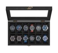 SONGMICS Caja para Relojes con 12 Compartimentos, Madera Maciza, con Tapa de Cristal, Cojín, Regalo para Queridos, Negro Tinta JOW120B02