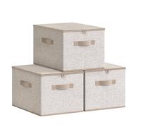 SONGMICS Cajas almacenaje Plegables, Juego de 3, con Tapas y Asas | Organizadores para Ropa, 40 x 30 x 25 cm, Tejido de Tela No Tejida, Beige Claro, Colección TINA RZB003K01