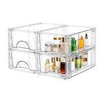 SONGMICS Cajas de Almacenaje Apilables, con Cajones, Juego de 4 | Organizadores Transparentes, 30,5 x 18,9 x 11,2 cm, para Baño, Blanco Crema, Colección Dennys LPD102WH04