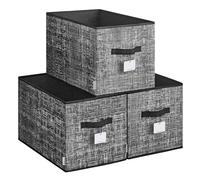 SONGMICS Cajas de Almacenaje Plegables, Juego de 3, Cestas de Tela | Organizadores de Armario, 50 x 30 x 30 cm, 2 Asas, Portaetiquetas, Negro Tinta, Colección TINA ROB450B01