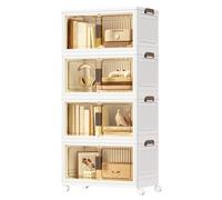 SONGMICS Cajas de Almacenamiento de 4 Niveles, Organizador con 1 Tapa, Cajas Apilables, con Ruedas, de Plástico, con Puerta Magnética, Blanco, 55 L por Nivel, 220 L en Total, RLB460WZ01