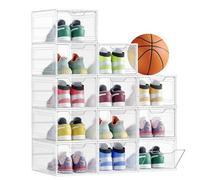 SONGMICS Cajas de Zapatos, Cajas Plástica Apilable para Zapatos, Juego de 12 Organizador de Zapatos, Ahorro de Espacio, Fácil Montaje, 34 x 25 x 18,4 cm, Hasta Talla 44, Blanco Transparente