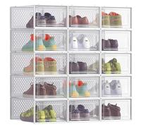 SONGMICS Cajas de Zapatos, Organizador, 15 piezas, Plegable, Apilable | Organizadores de Almacenamiento, para Zapatillas hasta talla 44, Transparente y Blanco Nube, Colección DENNYS LSP015W02