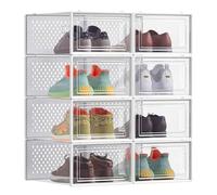 SONGMICS Cajas de Zapatos Plástico, Juego de 8 Organizadores de Almacenamiento, Caja Zapatero Plástico Plegable y Apilable para Zapatillas hasta Talla 44, Transparente y Blanco LSP08SWT