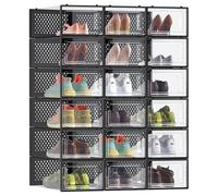 SONGMICS Cajas de Zapatos, Organizador de Zapatos de Plástico, Plegable y Apilable, para Zapatos de hasta Talla 43, Juego de 18, Transparente y Negro Tinta LSP18SBKV1