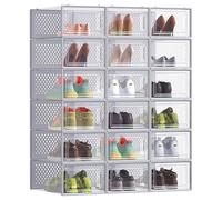 SONGMICS Cajas de Zapatos Plástico, Juego de 18 Organizadores de Almacenamiento, Caja Zapatero Plástico Plegable y Apilable para Zapatillas hasta talla 44, Transparente y Gris LSP006G18