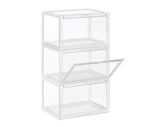 SONGMICS Cajas de Zapatos, Paquete de 3 Organizadores de Zapatos Apilables con Puerta Transparente, Zapatería de Plástico, Talla 46, 36 x 28 x 22 cm, Transparente LSP03CW