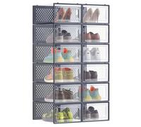 SONGMICS Cajas de Zapatos Plástico, Juego de 12 Organizadores de Almacenamiento, Caja Zapatero Plástico Plegable y Apilable para Zapatillas hasta talla 44, Transparente y Azul Carbón LSP12SB30