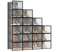 SONGMICS Cajas de Zapatos Plástico, Juego de 18 Organizadores de Almacenamiento, Caja Zapatero Plástico Plegable y Apilable para Zapatillas hasta talla 46, Transparente y Negro LSP007B18