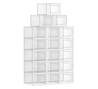 SONGMICS Cajas de Zapatos Plástico, Juego de 18 Organizadores de Almacenamiento, Caja Zapatero Plástico Plegable y Apilable para Zapatillas hasta talla 46, Transparente y Blanco LSP18MWT