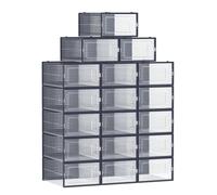 SONGMICS Cajas de Zapatos Plástico, Juego de 18 Organizadores de Almacenamiento, Caja Zapatero Plástico Plegable y Apilable para Zapatillas hasta talla 44, Transparente y Azul Carbón/Transparente y Tr