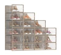 SONGMICS Cajas de Zapatos Plástico, Juego de 18 Organizadores de Almacenamiento, Caja Zapatero Plástico Plegable y Apilable para Zapatillas hasta talla 44, Transparente y Beige Avena LSP18SW30