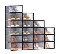 SONGMICS Cajas de Zapatos Plástico, Juego de 18 Organizadores de Almacenamiento, Caja Zapatero Plástico Plegable y Apilable para Zapatillas hasta talla 44, Transparente y Negro LSP18SBKV1