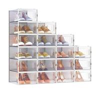 SONGMICS Cajas de Zapatos Plástico, Juego de 18 Organizadores de Almacenamiento, Caja Zapatero Plástico Plegable y Apilable para Zapatillas hasta talla 44, Transparente y Blanco LSP18SWT