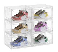 SONGMICS Cajas para Zapatos, Juego de 6, Organizador de Zapatos Transparente, de Plástico, con Puerta, Apilable, 33 x 28,5 x 19,2 cm, para hasta la Talla 46, Blanco Transparente LSP506W01