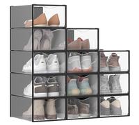 SONGMICS Cajas para Zapatos, Organizador de Zapatos de Plástico, con Puerta, Transparente, Juego de 18, Apilable, 33,2 x 23 x 14,5 cm, para Zapatos hasta 43, Transparente y Negro Tinta LSP318B01