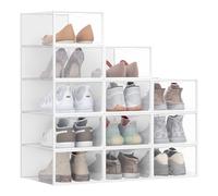 SONGMICS Cajas para Zapatos, Organizador de Zapatos de Plástico, con Puerta, Transparente, Juego de 12, Apilable, 33,2 x 23 x 14,5 cm, para Zapatos hasta 43, Transparente y Blanco Nube LSP312W01