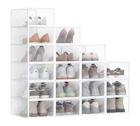 SONGMICS Cajas para Zapatos, Organizador de Zapatos de Plástico, con Puerta, Transparente, Juego de 18, Apilable, 33,2 x 23 x 14,5 cm, para Zapatos hasta 43, Transparente y Blanco Nube LSP318W01