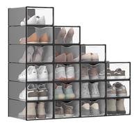 SONGMICS Cajas para Zapatos, Organizador de Zapatos de Plástico, con Puerta, Transparente, Juego de 18, Apilable, 33,2 x 23 x 14,5 cm, para Zapatos hasta 43, Transparente y Negro Tinta LSP318B01