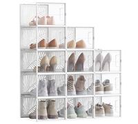 SONGMICS Cajas para Zapatos Transparentes, 12 Cajas de Zapatos, Robusta, Organizadores Plegables, Talla 46, Apilables, para Exponer Zapatillas, Tacones Altos, Transparente y Blanco LSP107W01