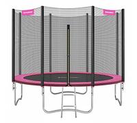 SONGMICS Cama Elástica, 305 cm, Trampolín para Niños con Red, Cojín de Seguridad, Escalera, Mástil Recto de 180 cm de Altura, Marco de Acero, Rosa STR101P01